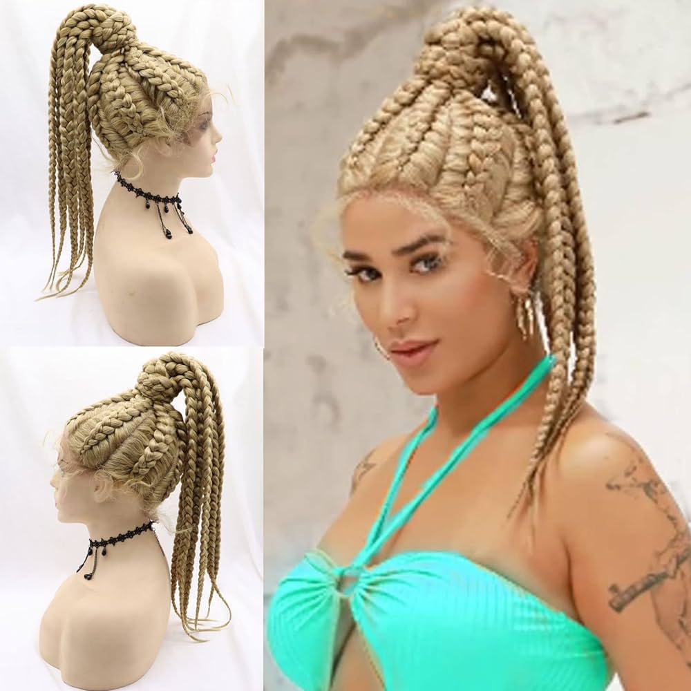 Perruque Tressée Karissa Hair Blonde pour Femmes Noires - Longue Queue de Cheval avec Tresses Légères, Perruque Frontale en Dentelle avec Cheveux de Bébé - 613 Blonde Naturelle