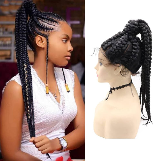 Perruque Tressée Noire Longue pour Femmes Noires - Perruque avec 7 Tresses en Boîte et Queue de Cheval Cornrow, Cheveux de Bébé, Perruque en Dentelle Complète 360° - Afro Réaliste, Synthétique