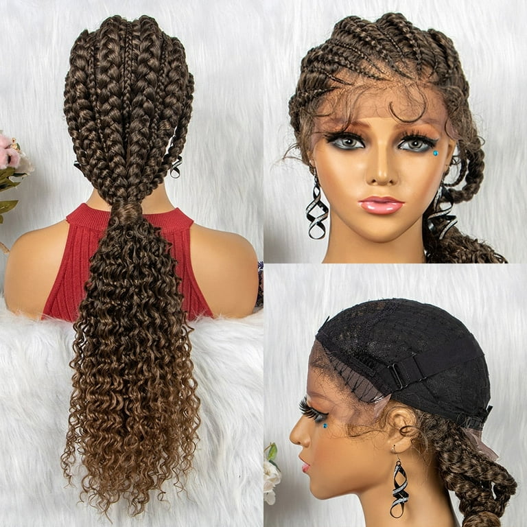 Perruques en Queue de Cheval Tressées en Cheveux Synthétiques - Dentelle Frontale avec Boucles Crépus et Cheveux de Bébé pour Femmes - Perruques Cornrow et Box Braids